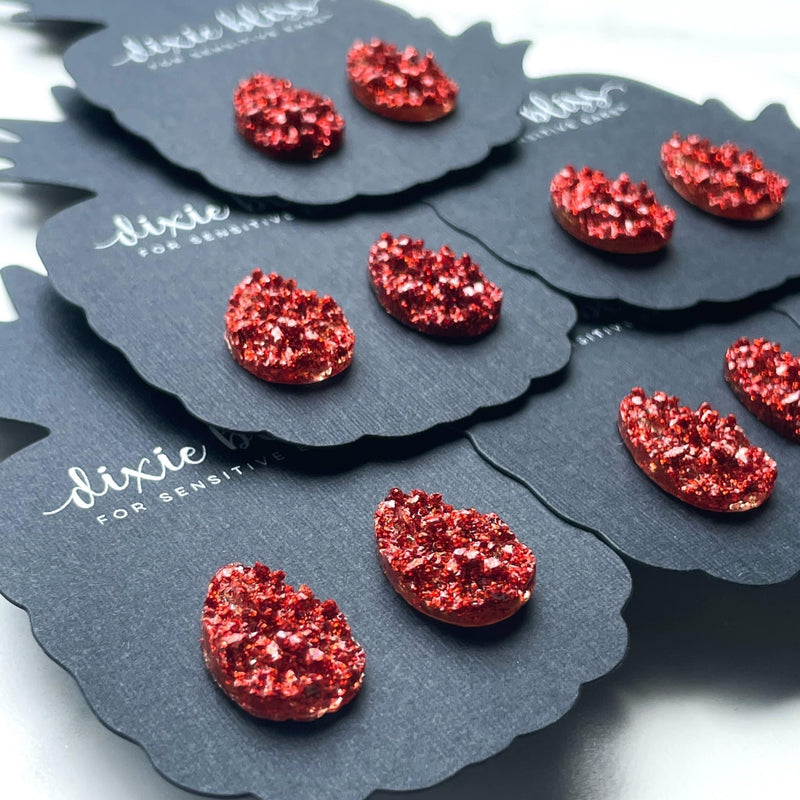 Teardrops in Red Glitter - Dixie Bliss - Single Stud Earrings